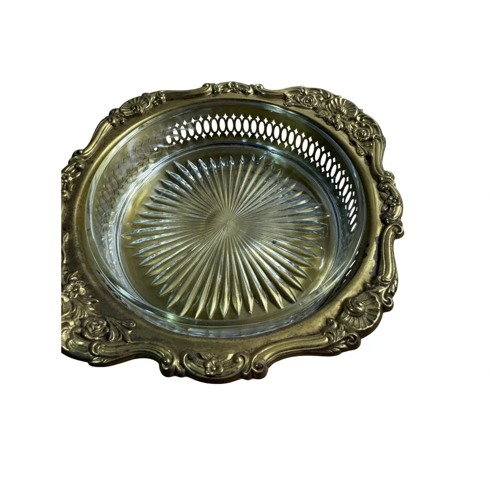 Vintage Brass‎ Gallery Tray Ornate Floral Rim Starburst Cut Glass Insert